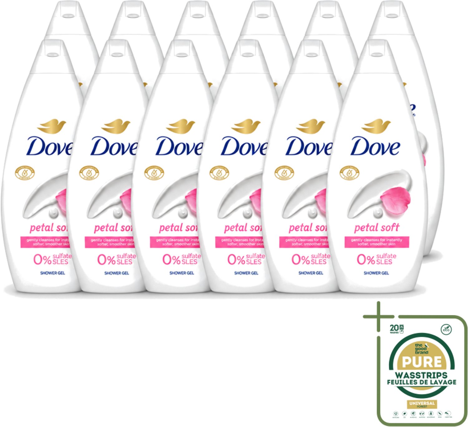 12 x Dove Petal Soft - Douchegel - Sulfaatvrij - 250 ml - Wasstrips - Douchegele - Zachte Reiniging - Hydratatie - Bloemige Geur - Sulfaatvrije