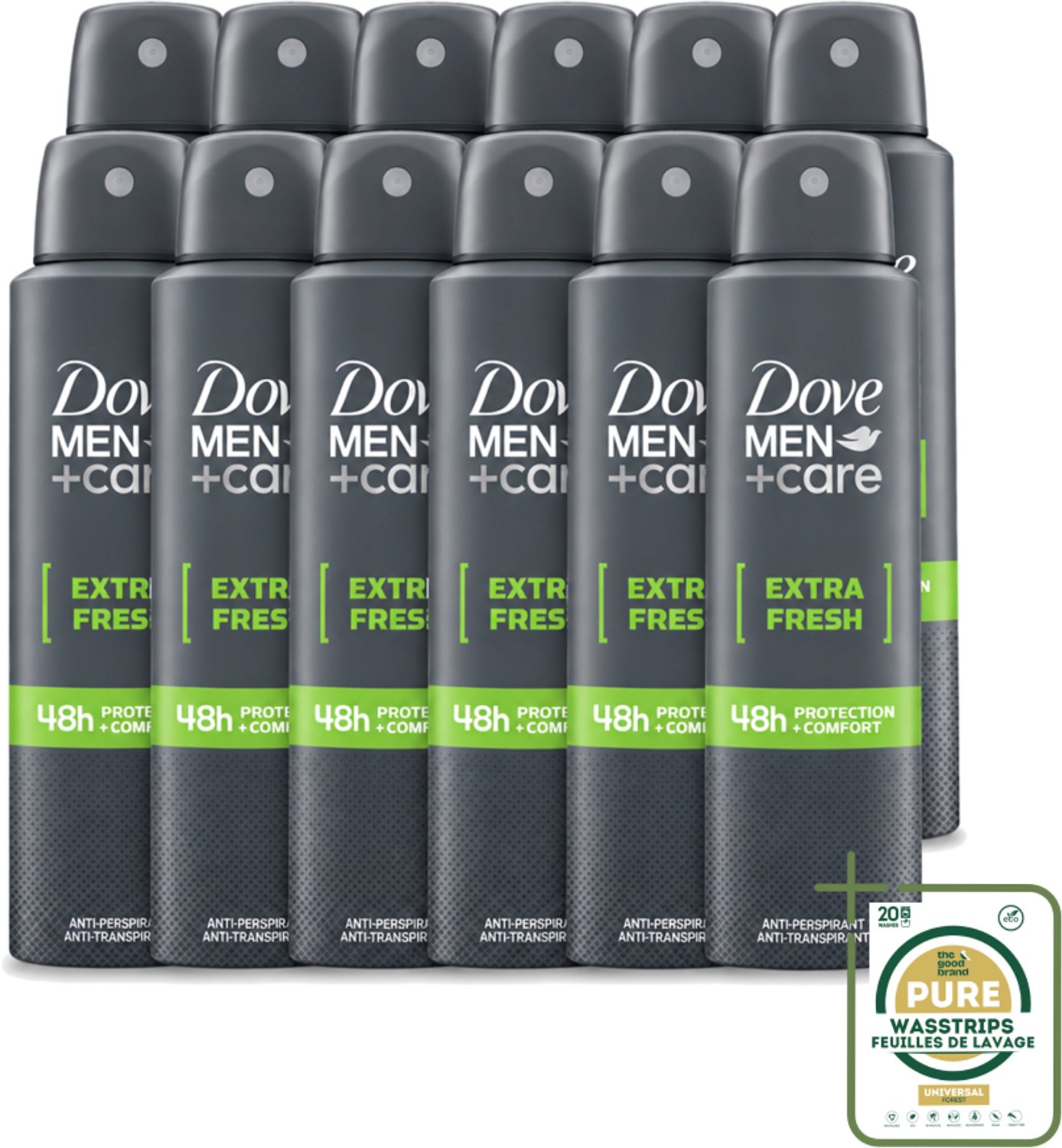 12 x Dove Men+Care - Extra Fresh - Deospray - Anti-Transpirant - 150 ml - Wasstrips - Dove Men+Care Extra Fresh Deospray - Deospray Voor Mannen - Alcoholvrije Deospray - Okselbescherming - Transpiratiebescherming
