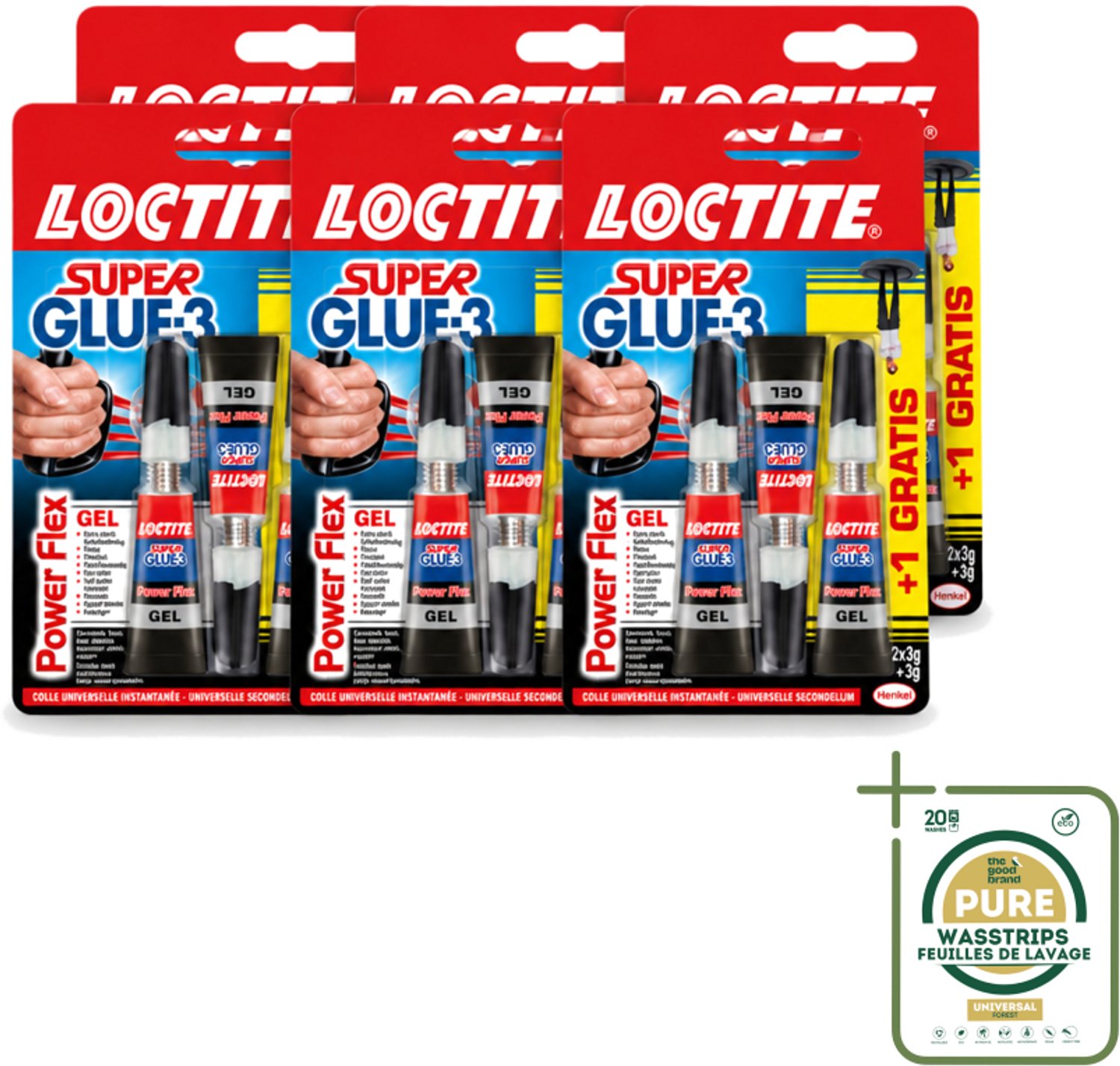 6 x Loctite - Secondelijm - Power Flex - 3 Lijmtubes - Wasstrips - Secondelijm - Power Flex - Lijm - Hechting - Rubber