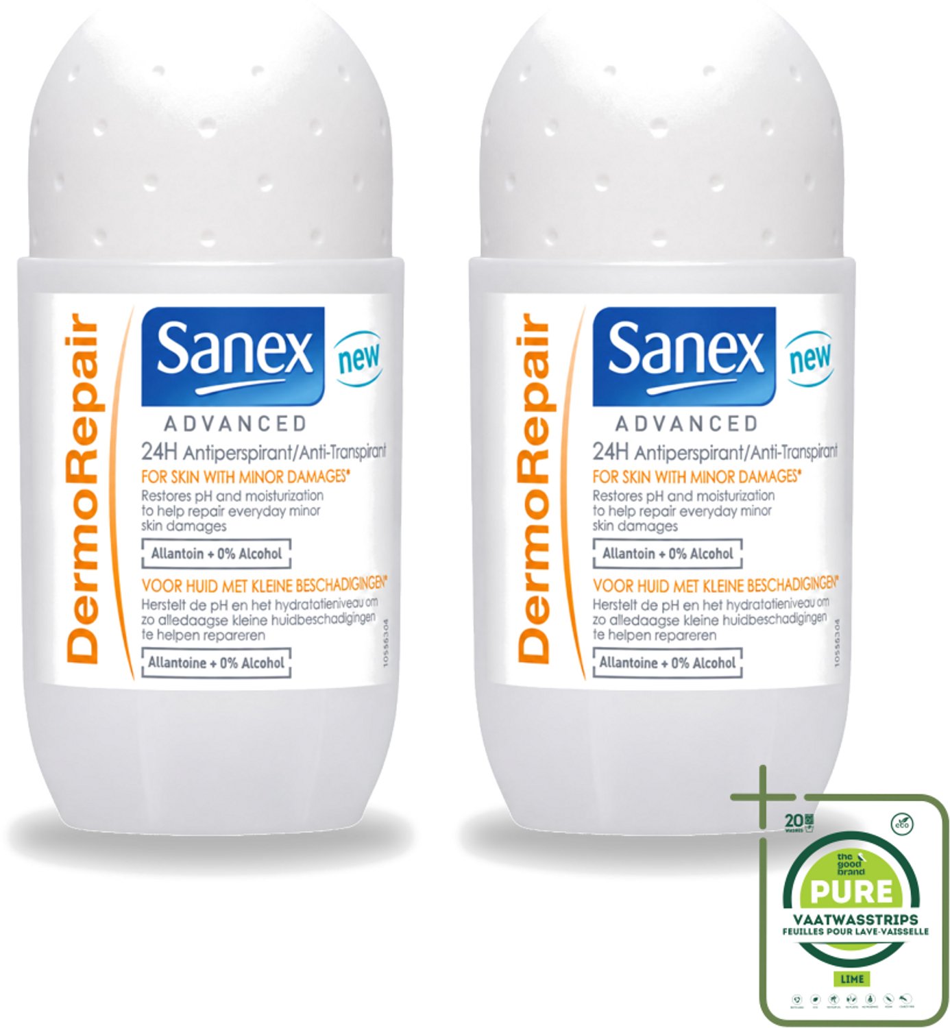 2 x Sanex Advanced - Dermo Repair - Deodorant Roller - 24h Anti-Transpirant - 0% Alcohol - 50 ml - Grootverpakking - Vaatwasstrips - 24h Anti-transpirant - Huidherstel - Huidverzorging - Deodorant Roller - Anti-geur
