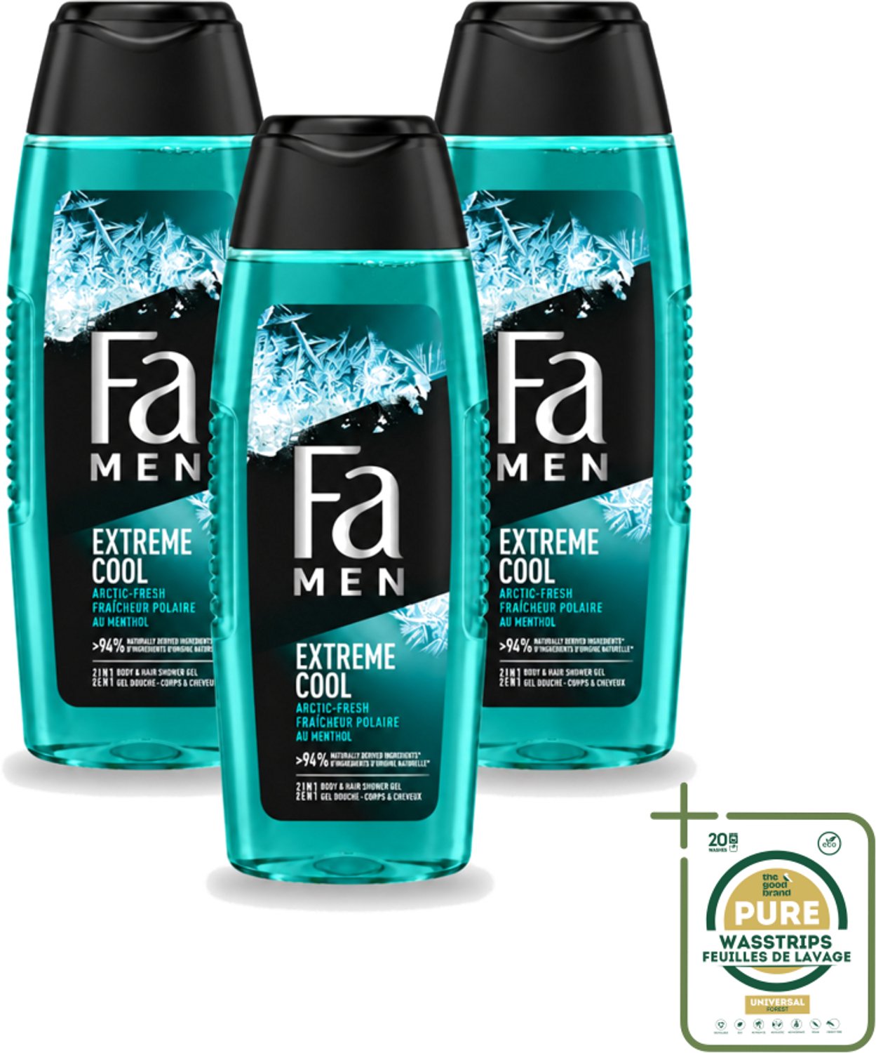 3 x Fa Men - Extreme Cool - 2 in 1 Douchegel & Shampoo - Menthol - 250 ml - Wasstrips - Douchegel En Shampoo - Menthol - Verfrissend - Lichaam Reinigen - Haar Reinigen