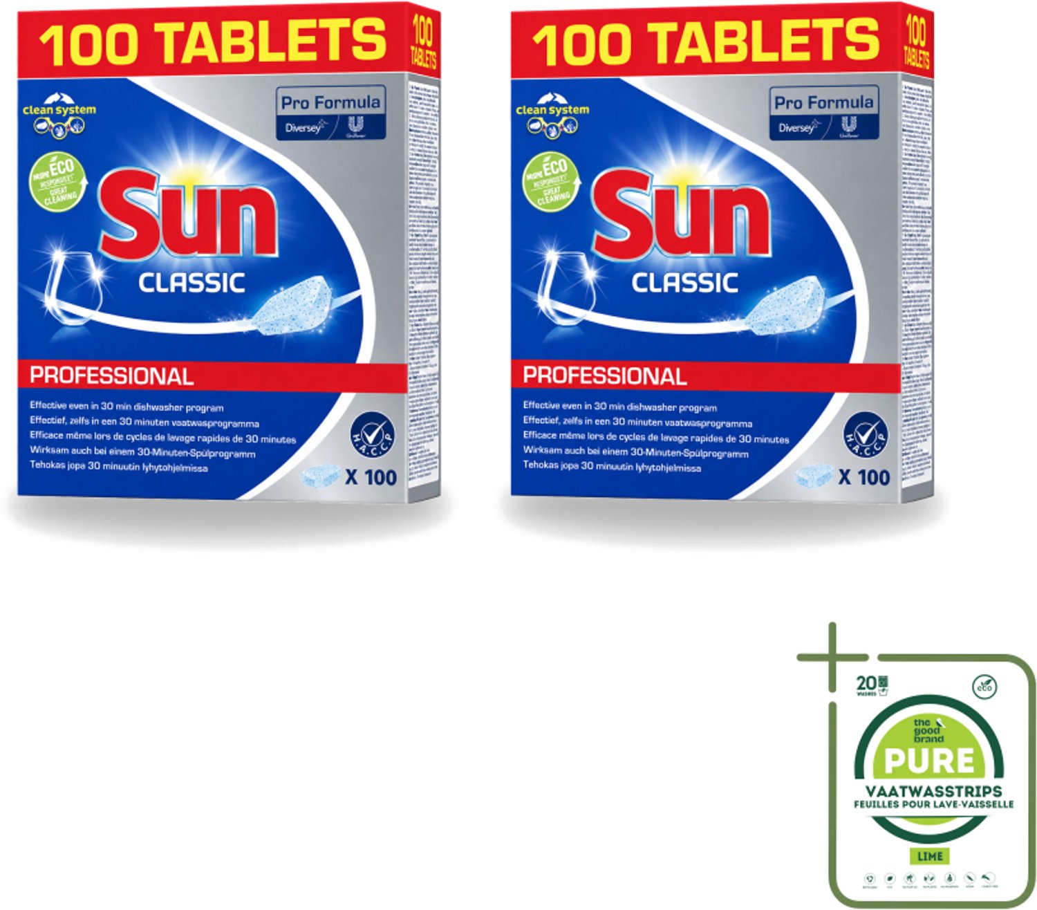 2 x Sun Classic - Pro Formula - Vaatwastabletten - 100 Tabletten - Grootverpakking - Vaatwasstrips - Vaatwastabletten - Vaatwasser - Reiniging - Vlekken Verwijderen - Kalkaanslag
