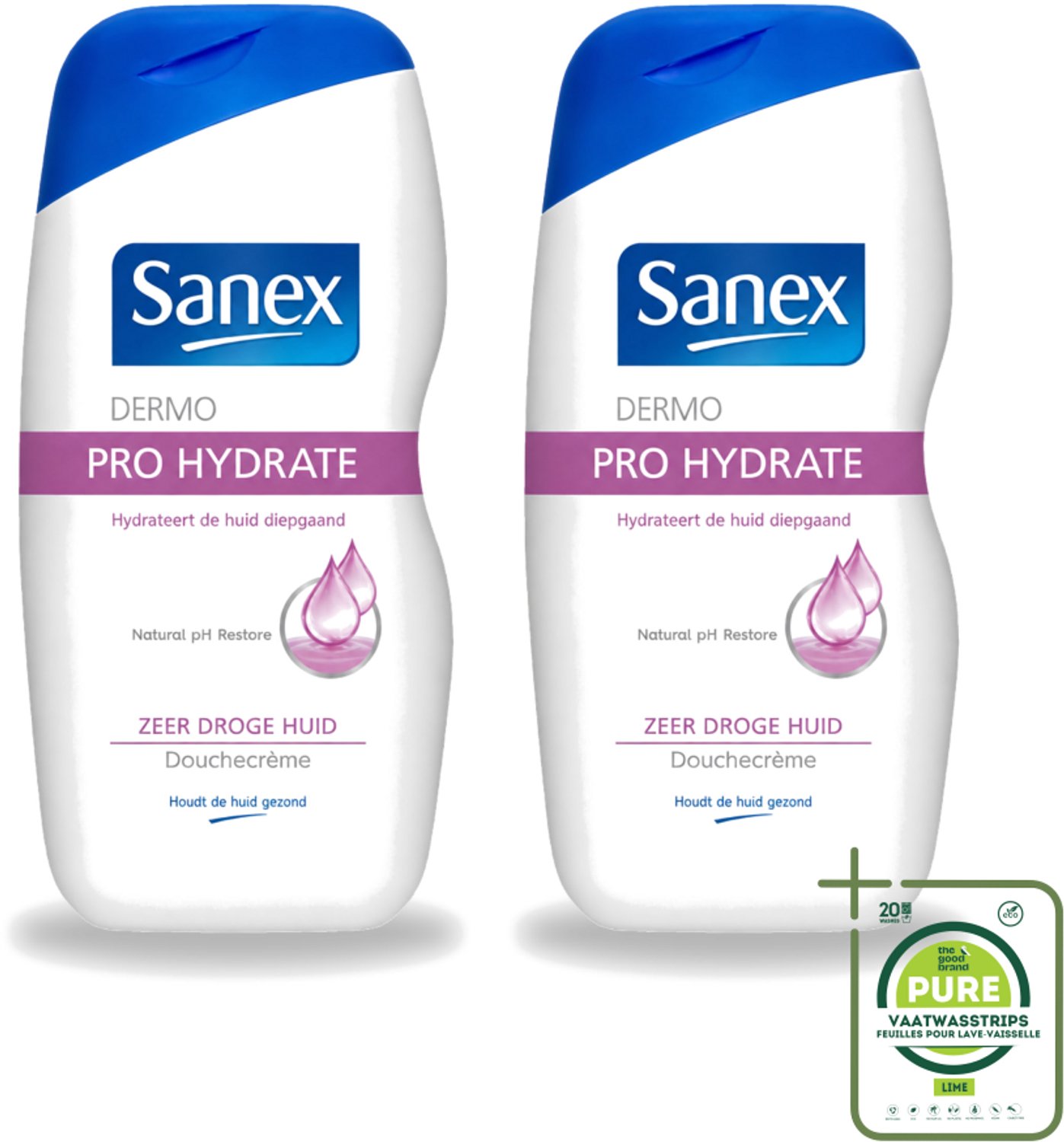 2 x Sanex Dermo - Pro Hydraterend - Douchecrème - Zeer Droge Huid - 500 ml - Grootverpakking - Vaatwasstrips - Hydratatie Huid - Droge Huid - Douchecrème - Huidbescherming - Dermo Active 3 Complex