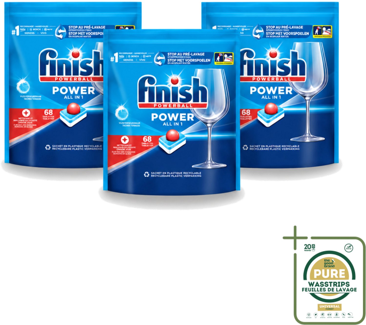 3 x Finish Powerball - Power All in 1 - Vaatwastabletten - Reiniging & Glans - 68 Tabletten - Wasstrips - Vaatwastabletten - Vaat Reinigen - Vlekverwijderaar - Vaatwasmiddel - Krachtige Vaatwasmiddel