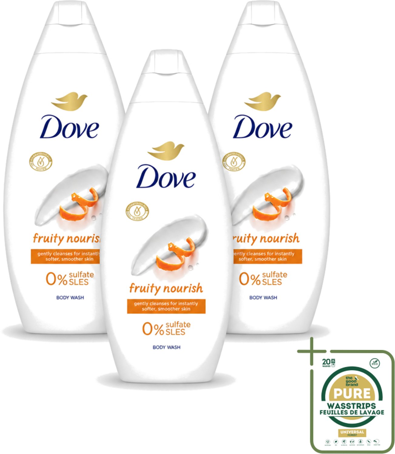 3 x Dove Fruity Nourish - Douchegel - Sulfaatvrij - 250 ml - Wasstrips - Douchegel - Voedende Douchegel - Sulfaatvrije Douchegel - Fruitige Douchegel - Huidverzorging