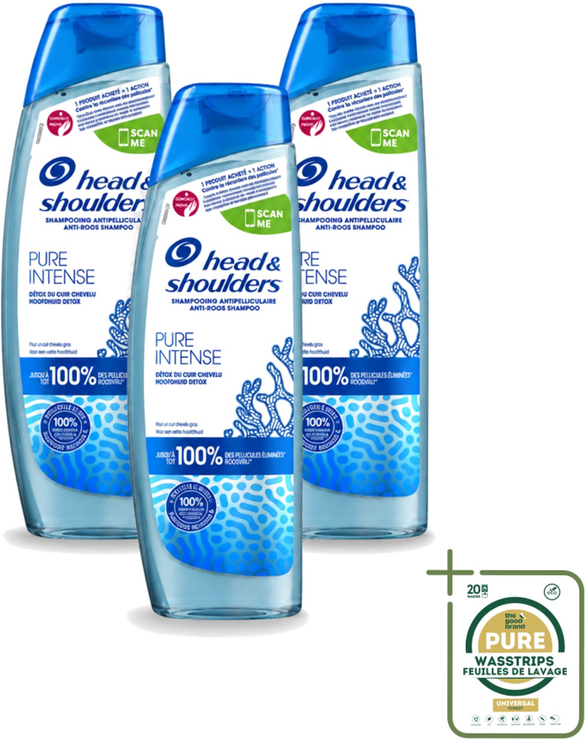 3 x Head & Shoulders - Anti-Roos Shampoo - Pure Intense - Hoofdhuid Detox - 250 ml - Wasstrips - Hoofdhuid Detox - Roosbestrijding - Hoofdhuid Reinigen - Schone Hoofdhuid - Haar Gezond