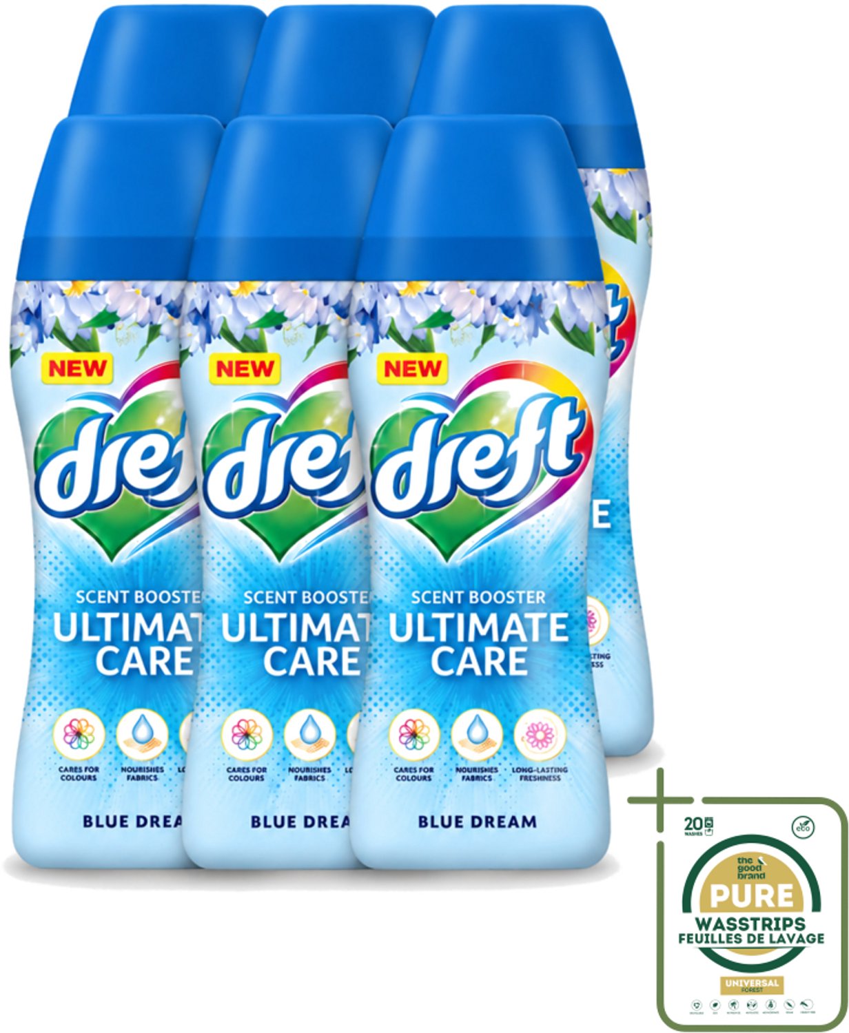 6 x Dreft - Ultimate Care - Wasverzachter - Geurbooster - Gekleurde Was - Blauwe Droom - 15 Wasbeurten - Wasstrips - Wasmiddel - Geurbooster - Wasverzachter - Kleurbescherming - Wasgeur