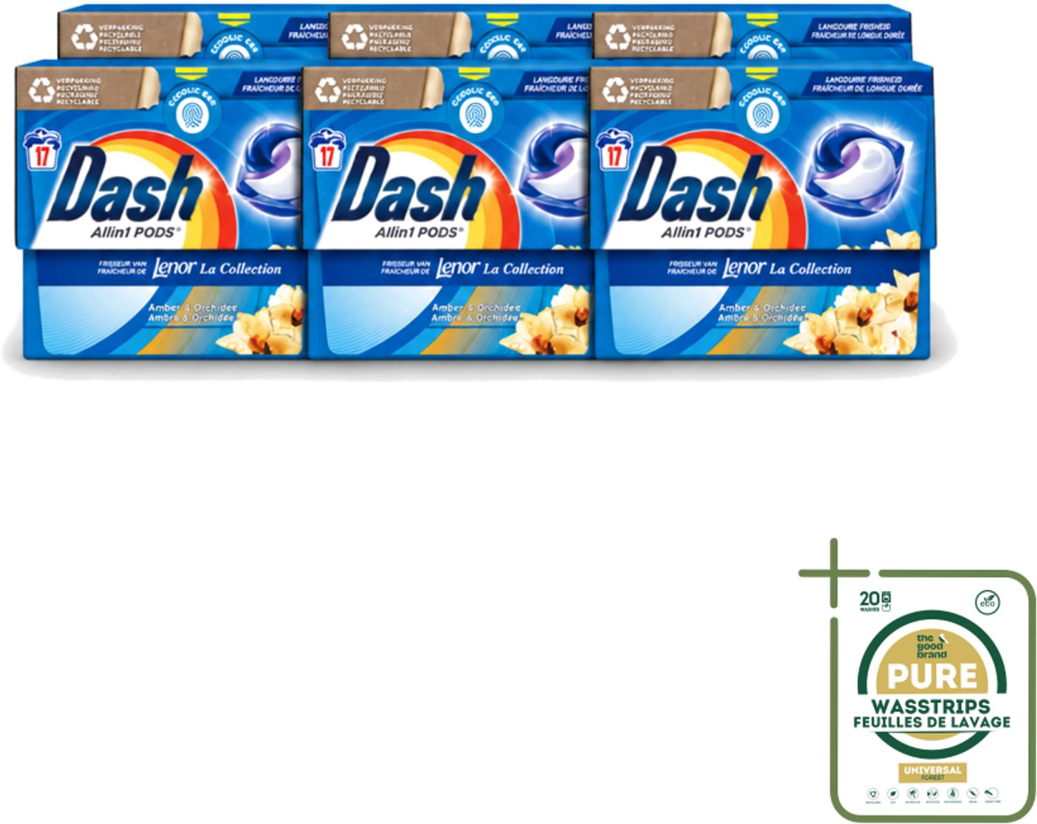 6 x Dash - Lenor Collectie - Wasmiddel Capsules - All-in-1 Pods - Witte en Gekleurde Was - Amber & Orchidee - 17 Wasbeurten - Wasstrips - Wasmiddel Capsules - Wasbeurt - Vlekverwijdering - Geur - Wasmachine