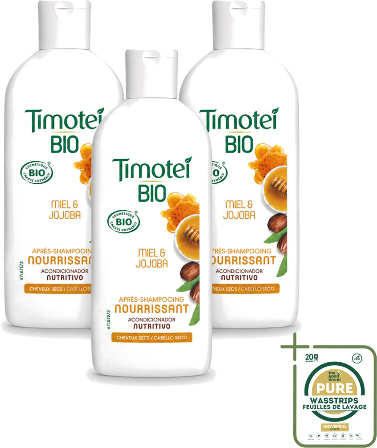 3 x Timotei - Crèmespoeling - Honing & Jojoba - Biologisch - Droog Haar & Droge Hoofdhuid - 250 ml - Wasstrips - Crèmespoeling - Droog Haar - Droge Hoofdhuid - Honing - Jojoba-olie