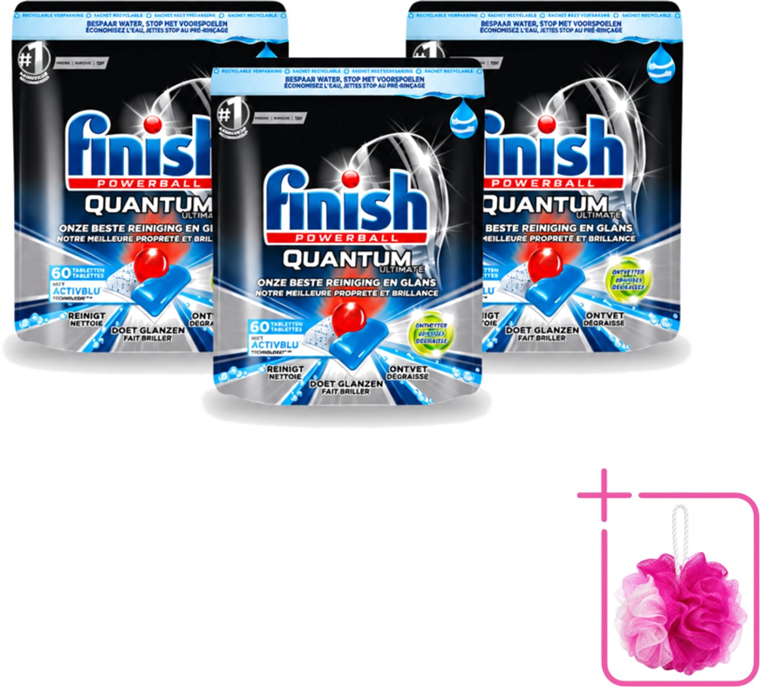 3 x Finish Powerball - Quantum Ultimate - Vaatwastabletten - Ontvetter - 60 Tabletten - Bulkverpakking - Vaatwasmiddel - Douchemop - Vaatwastablet