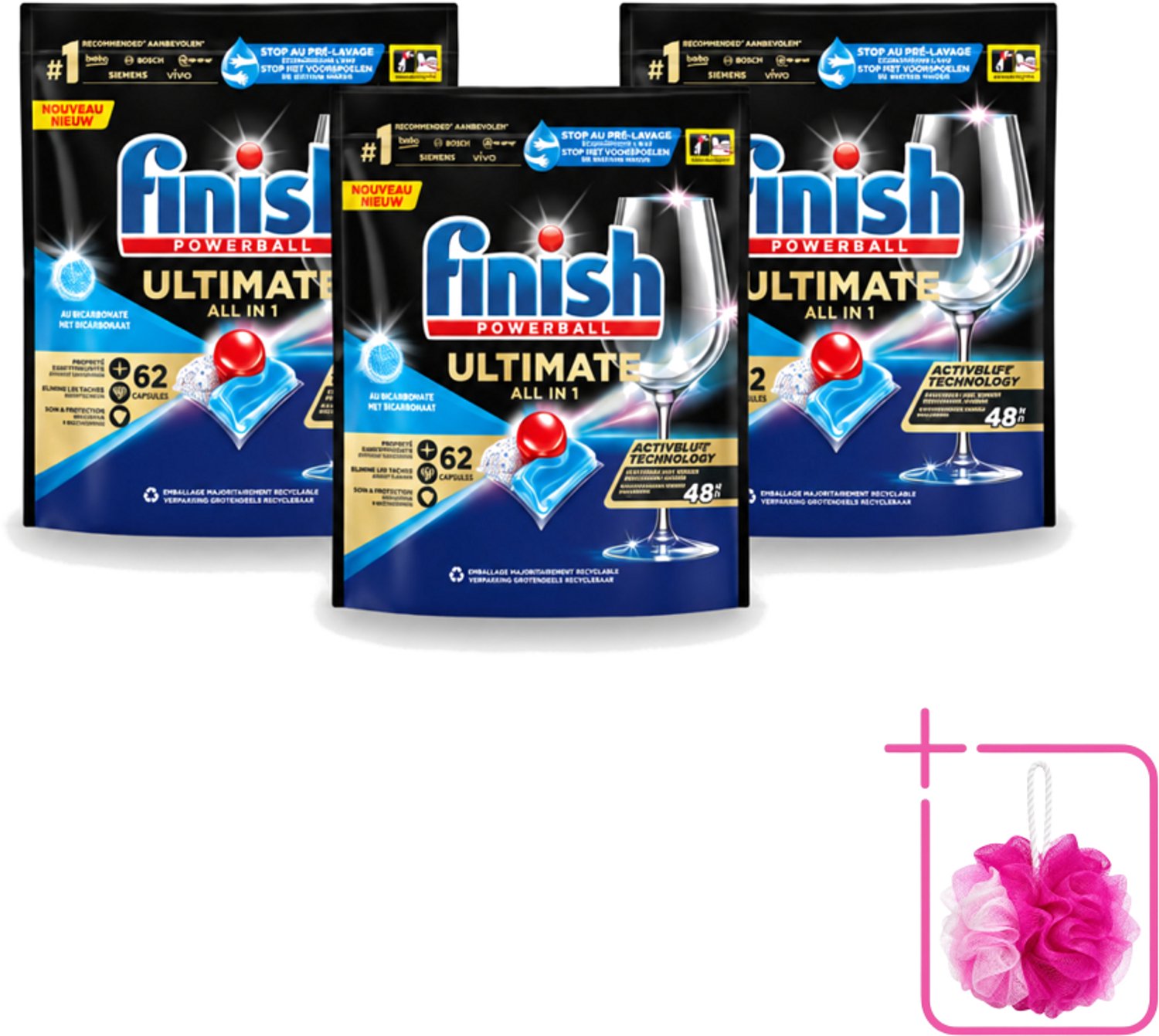 3 x Finish Powerball - Ultimate All in One - Vaatwastabletten - Met Bicarbonaat - 62 Capsules - Bulkverpakking - Vaatwasmiddel - Douchemop - Vaatwascapsules