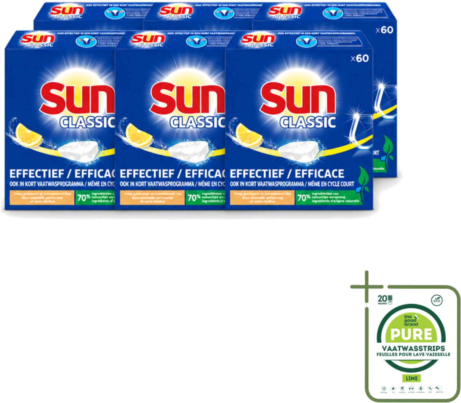 6 x Sun Classic - Vaatwastabletten - Voordeelverpakking - Citroen - 60 Tabletten - Grootverpakking - Vaatwasstrips - Vaatwastabletten - Citroengeur - Vaatwasser - Fosfaatvrije - Milieuvriendelijk