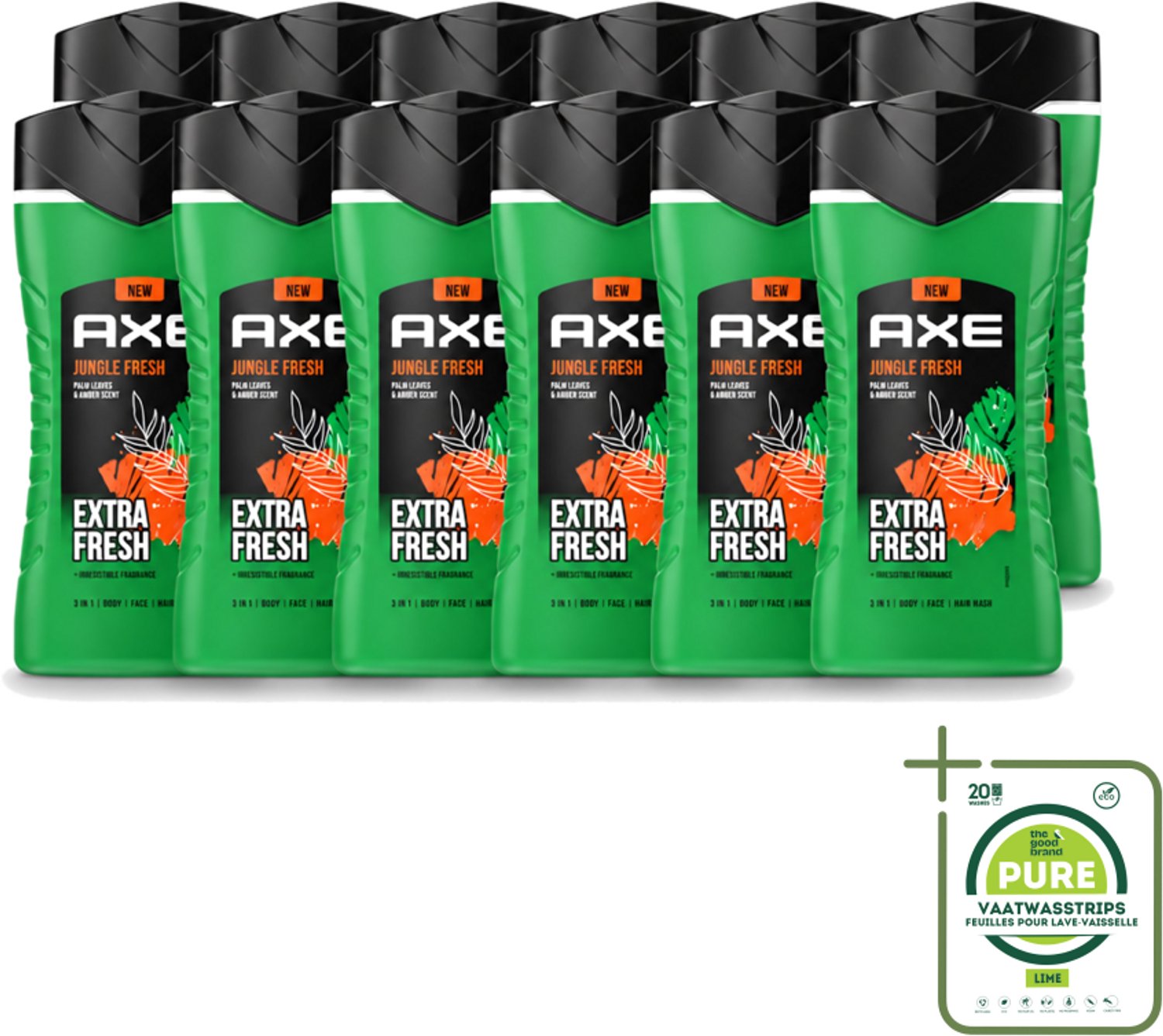 12 x Axe - 3-in-1 Douchegel - Jungle Fresh - Palm Leaves & Amber - Extra Fresh - 250 ml - Grootverpakking - Vaatwasstrips - Douchegel - Lichaam - Gezicht - Haar - Frisheid