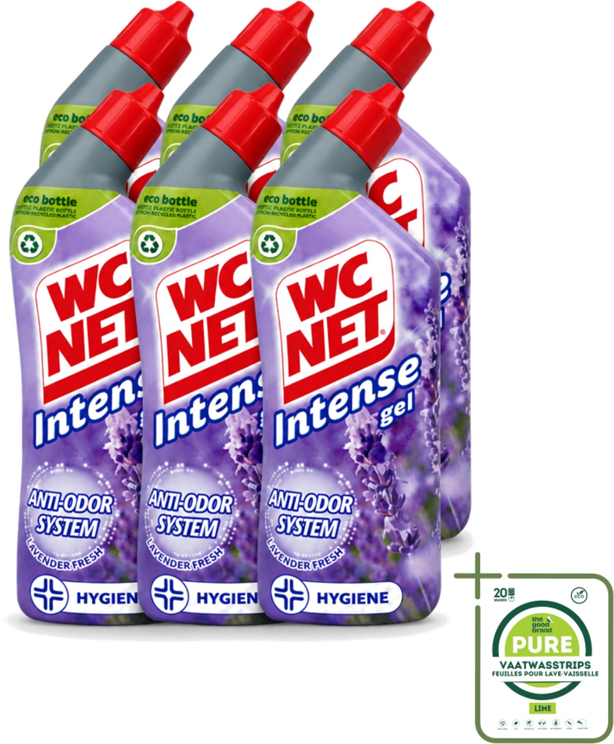 6 x WC Net - Toiletreiniger - Gel - Lavendel - Gerecycled Materiaal - 750 ml - Grootverpakking - Vaatwasstrips - WC Net - Toilet Reiniger - Lavendel Geur - Anti-geur - Gerecycled Fles