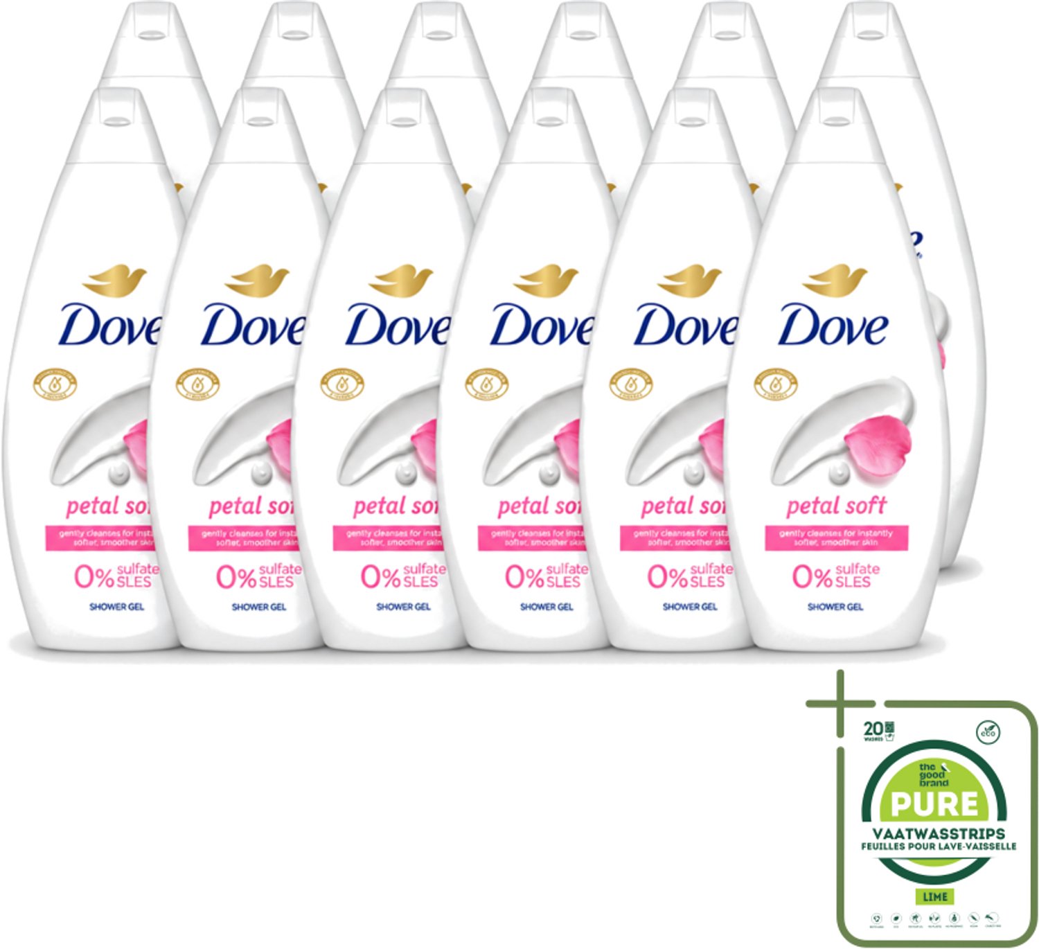 12 x Dove Petal Soft - Douchegel - Sulfaatvrij - 250 ml - Grootverpakking - Vaatwasstrips - Douchegele - Zachte Reiniging - Hydratatie - Bloemige Geur - Sulfaatvrije