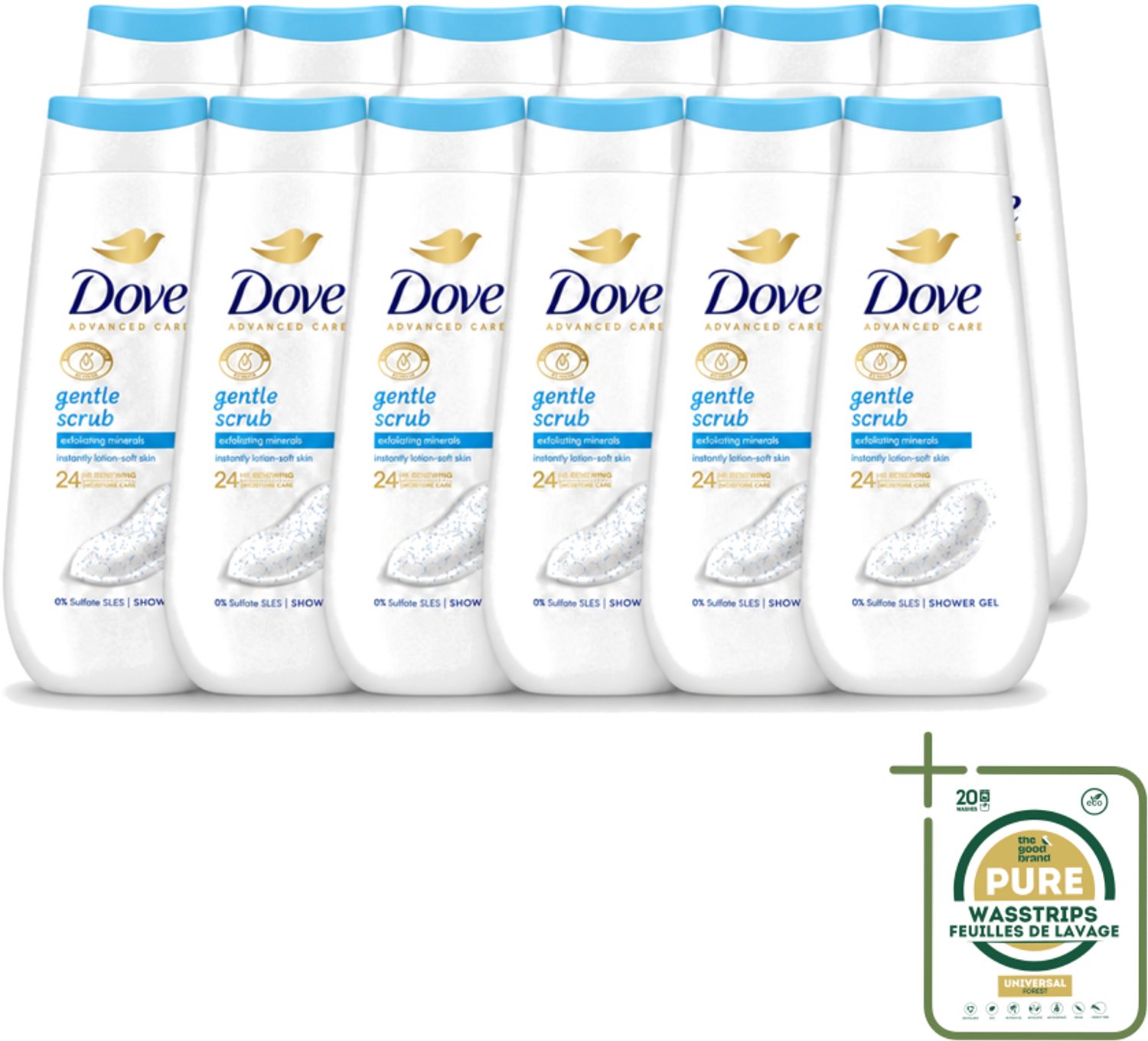 12 x Dove – Douchegel – Advanced Care Gentle Scrub – 225 ml - Wasstrips - Douchegel - Exfoliatie - Huidverzorging - Zachte Douchegel - Schuim