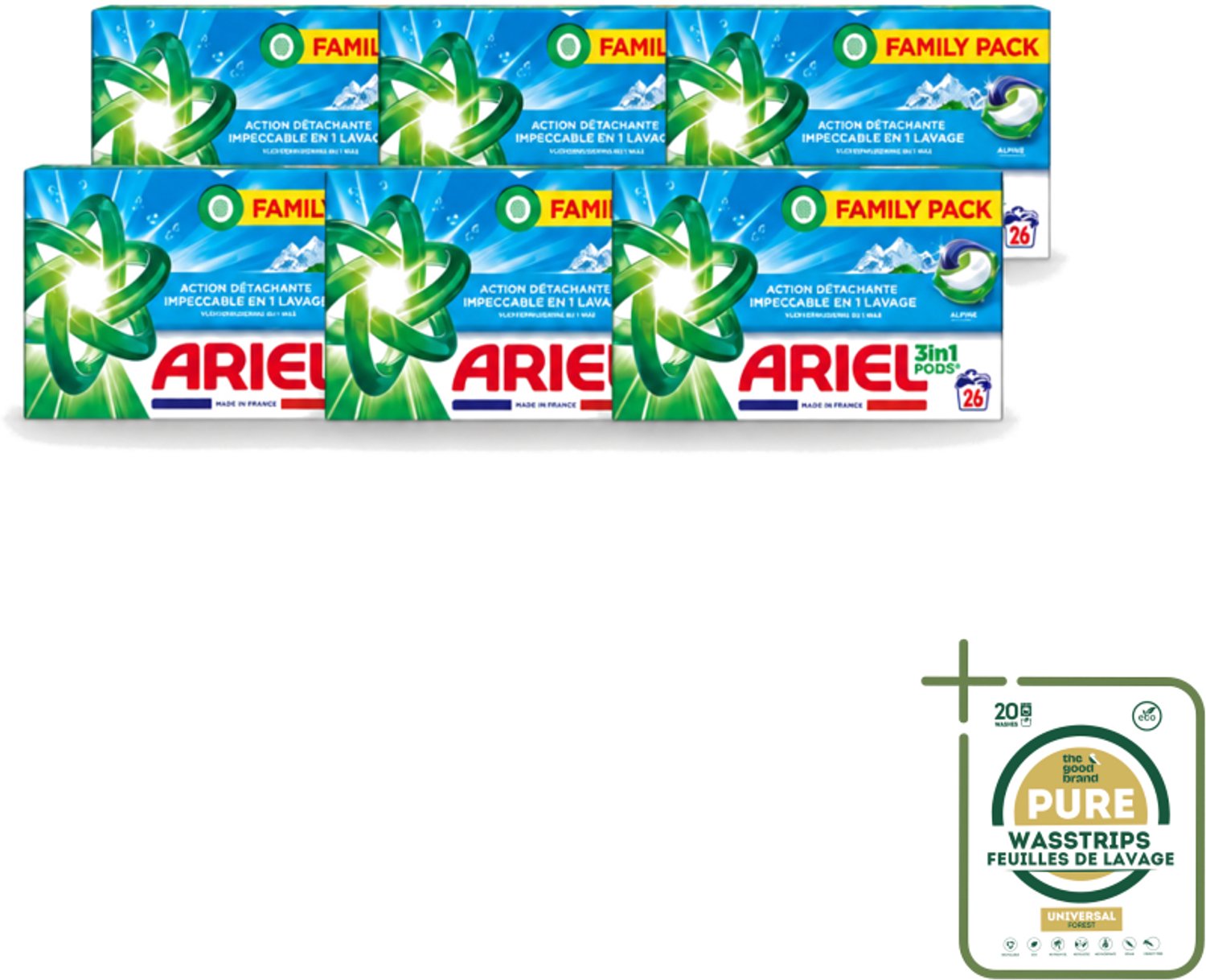6 x Ariel – Pods 3in1 – Alpine – 26 wasbeurten - Wasstrips - Ariel 3in1 Pods Alpine - Wasmiddel 26 Wasbeurten - Kleurbehoud Wasmiddel - Frisse Geur Wasmiddel - Compacte Pods