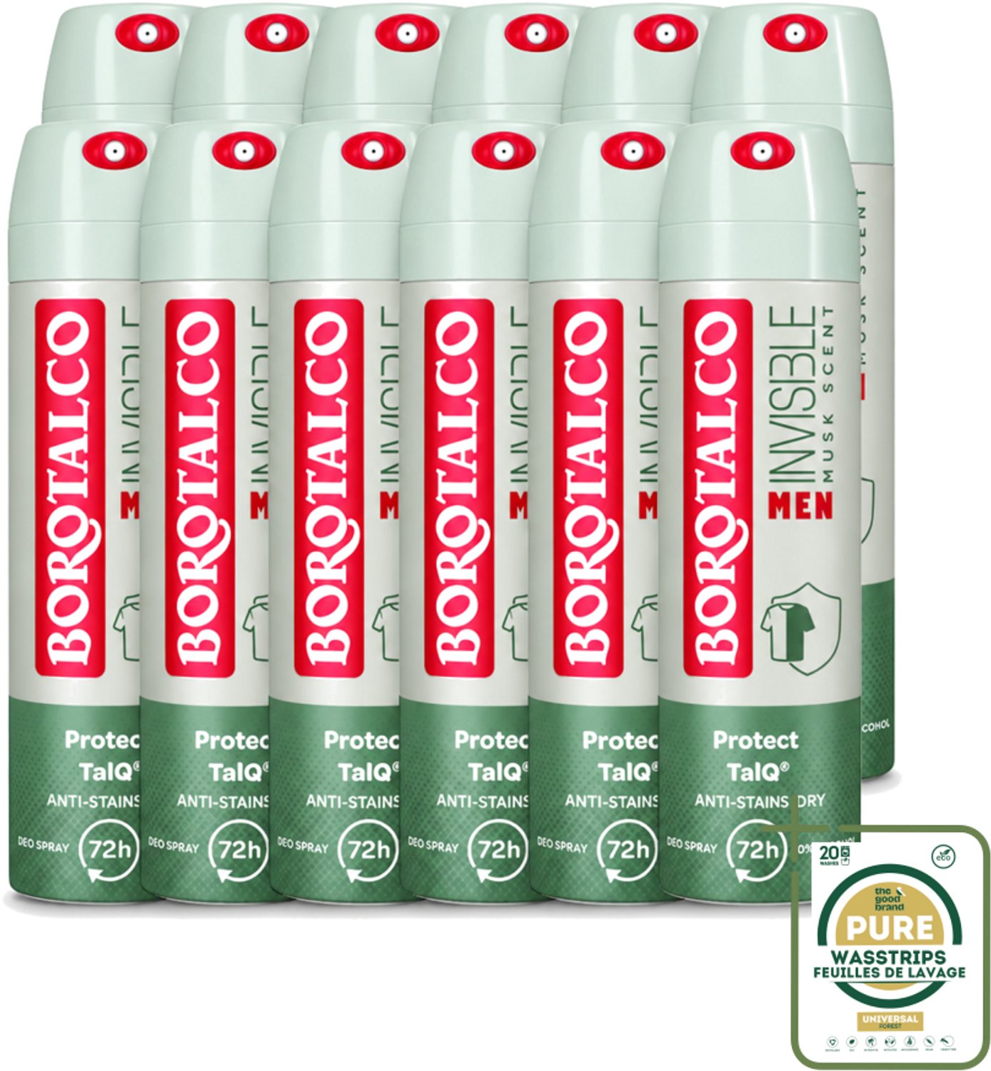 12 x Borotalco – Deodorant Spray – Men Musk Geur – 150 ml - Wasstrips - Deodorant Spray - Mannelijke Geur - Musk - Zweetvermindering - Frisse Geur