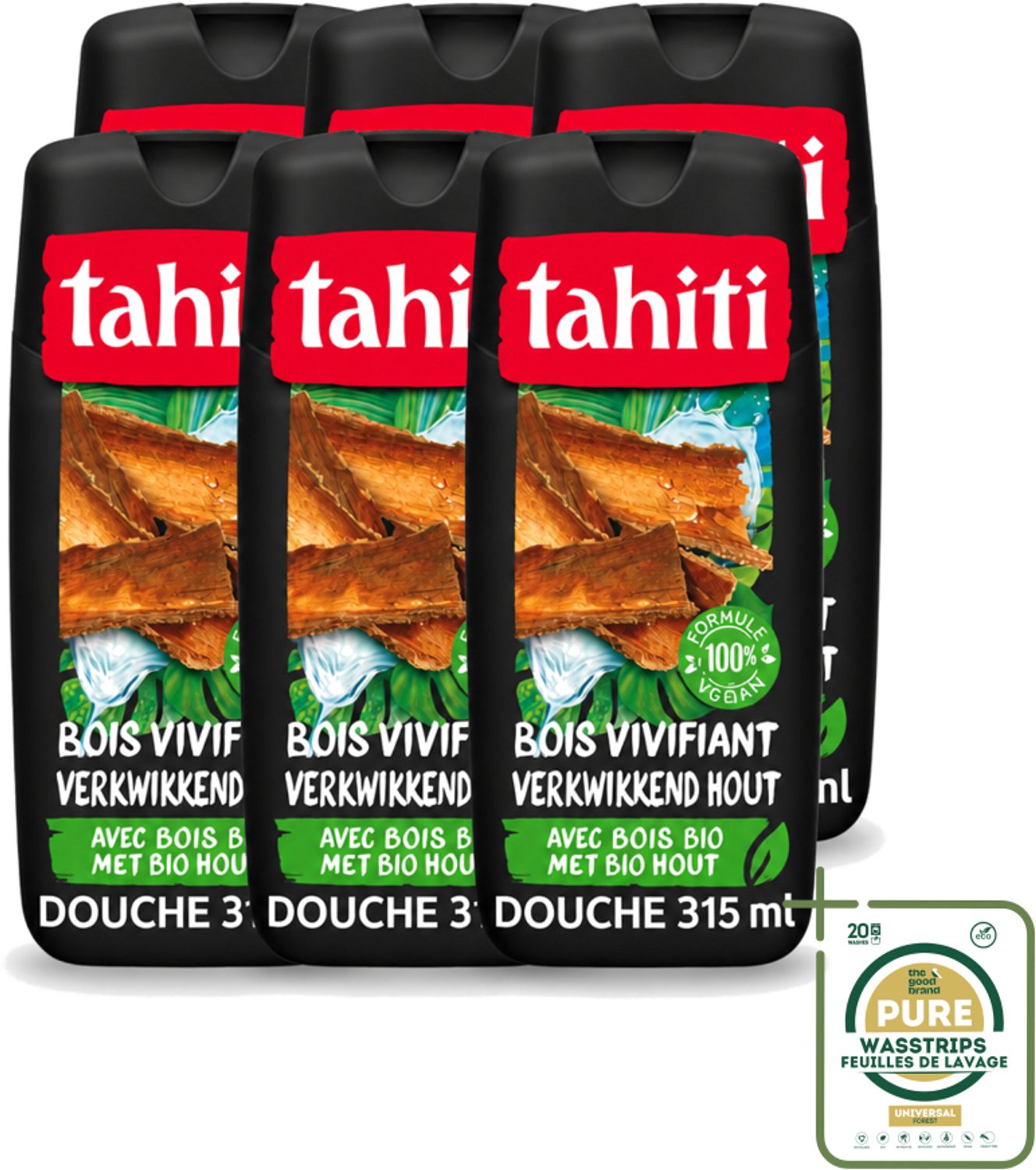 6 x Tahiti – Douchegel – Tropenhout Vegan - 315 ml - Wasstrips - Douchegel Tropisch Hout - Vegan Douchegel - Natuurlijke Douchegel - Houtgeur Douchegel - Energieke Douchegel