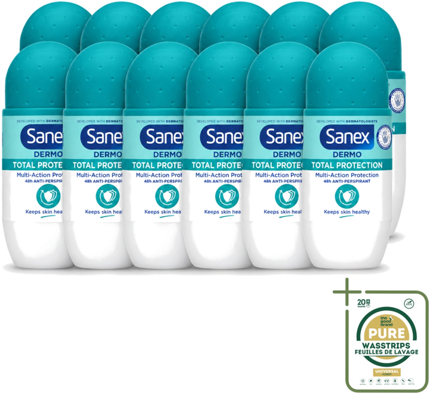 12 x Sanex – Deodorant Roll-On – Dermo Total Protection – 50 ml - Wasstrips - Douche - Deodorant Roll-on - Zweetvermindering - Geurvermindering - Huidbescherming