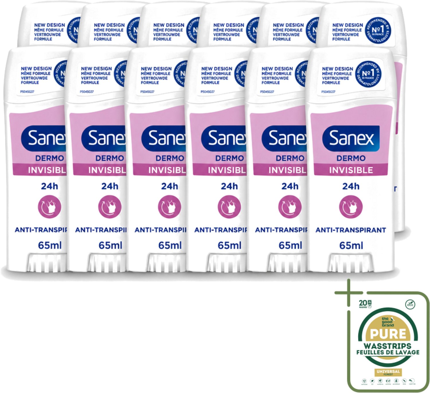 12 x Sanex – Deodorant Stick – Dermo Invisible – 65 ml - Wasstrips - Onzezichtbare Deodorantstick - Deodorantstick - Onzichtbare Deodorant - Huidvriendelijke Deodorant - Frisheid
