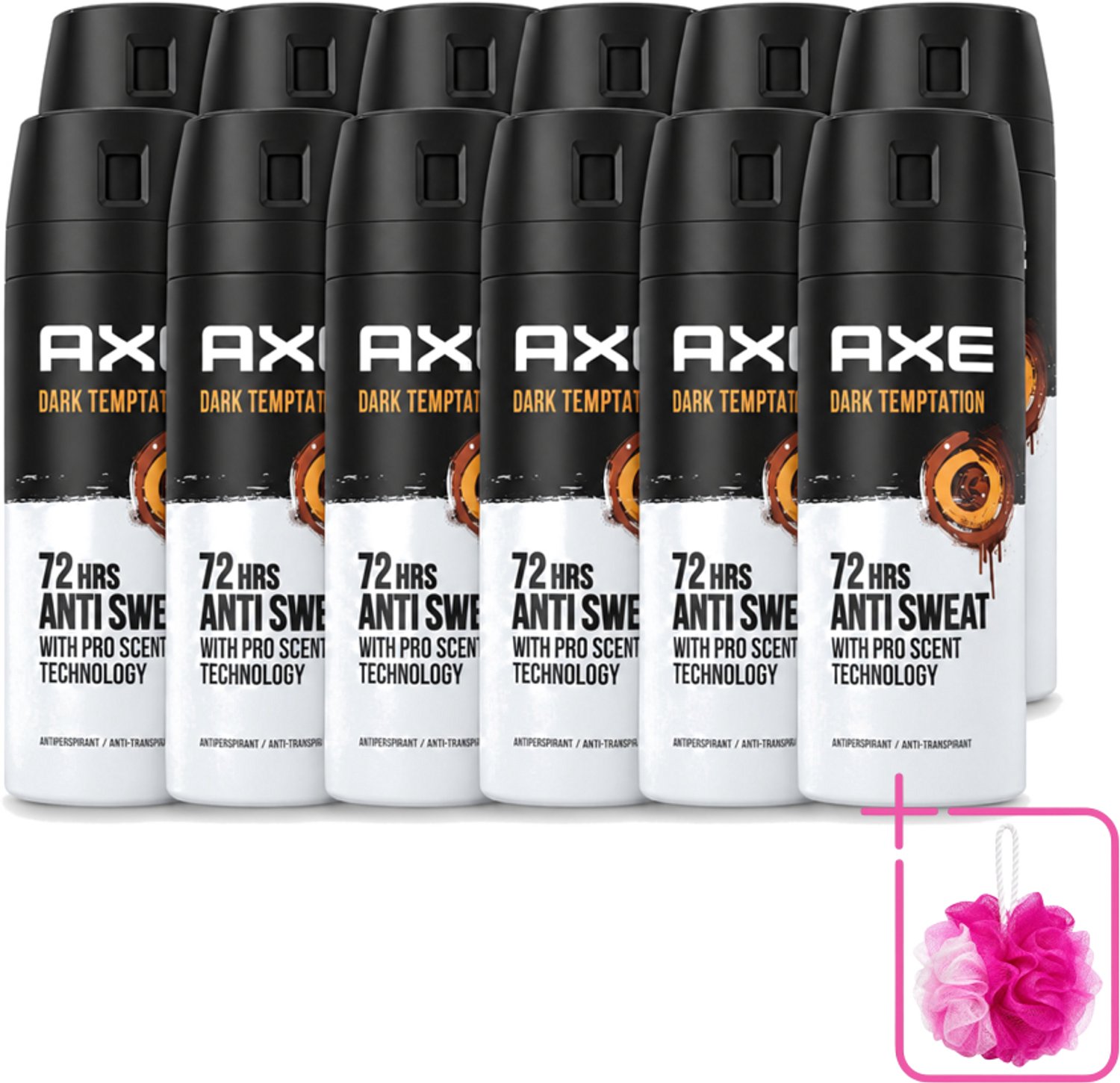 12 x Axe - Deodorant Spray - 72hrs Anti Sweat - Dark Temptation - 150 ml - Bulkverpakking - Anti-sweat spray - Douchemop - 72 uur bescherming