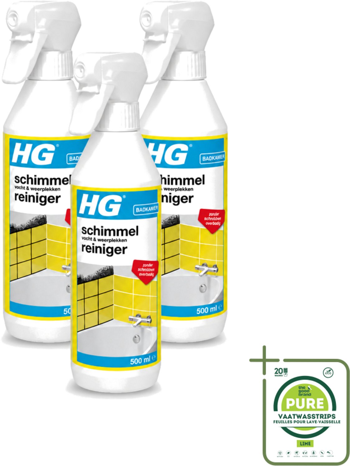 3 x HG - Badkamer - Schimmel, Vocht En Weerplekkenreiniger - Maakt Schrobben Overbodig - 500 ml - Grootverpakking - Vaatwasstrips - Schimmelreiniger - Vochtverwijdering - Weerplekkenreiniger - Schimmel In Badkamer - Schimmel In Stucwerk