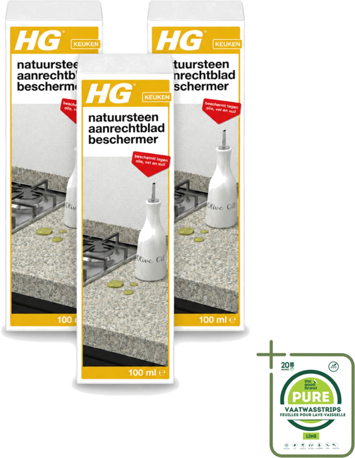 3 x HG - Natuursteen Aanrechtbladbeschermer - Beschermt Tegen Olie, Vet & Vuil - Inclusief doek - 100 ml - Grootverpakking - Vaatwasstrips - Natuursteen Beschermer - Olie Bescherming - Vet Bescherming - Vuil Bescherming - Marmer Bescherming