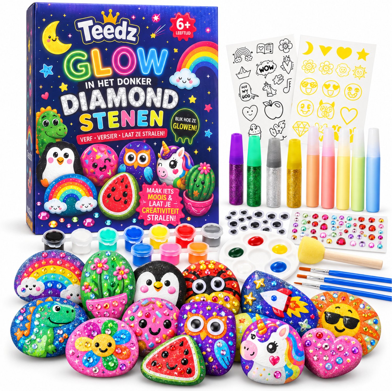 Teedz - Glow in the Dark - Stenen & Schilderen – Knutselset voor Kinderen vanaf 6 Jaar – 10 Stenen met Verf, Kwasten en Stickers - Knutselen - Knutselset