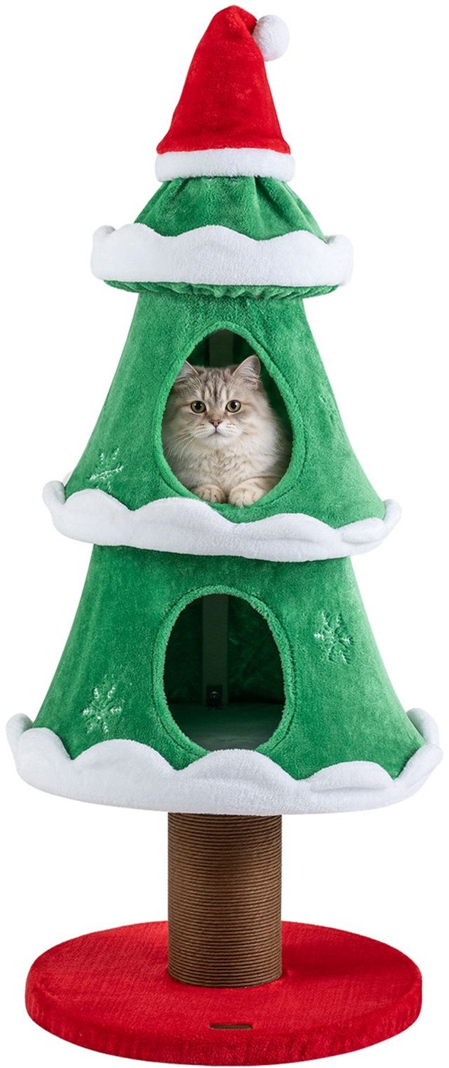 SureDeal® - Krabpaal - Kattenboom Kerstboom Ontwerp - Rood Kattenkrabpaal Pluche - Kattenholletjes Krabstam Meerlaagse - 49x49x138 cm - Groen