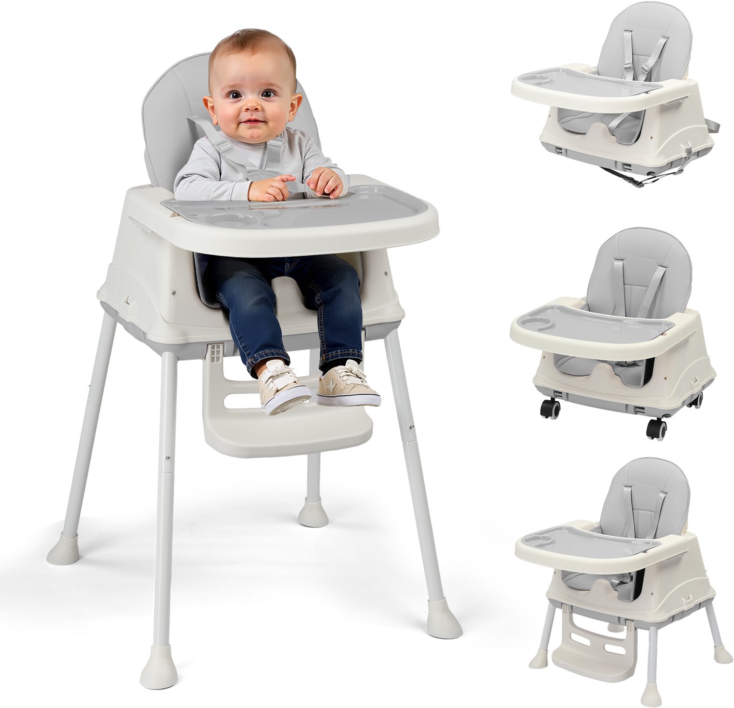 6-in-1 Kinderstoel voor baby en kind - LEADZM - Verstelbare en opvouwbare kinderstoel, Variabele wipauto, Verwijderbaar plateau - Grijs