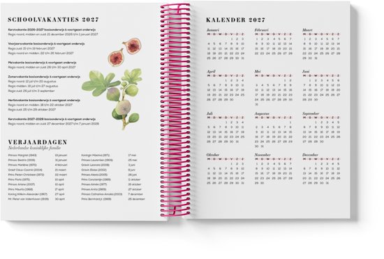 Agenda met spiraalbinding, pagina met schoolvakanties en verjaardagen, met een kalender voor 2027.
