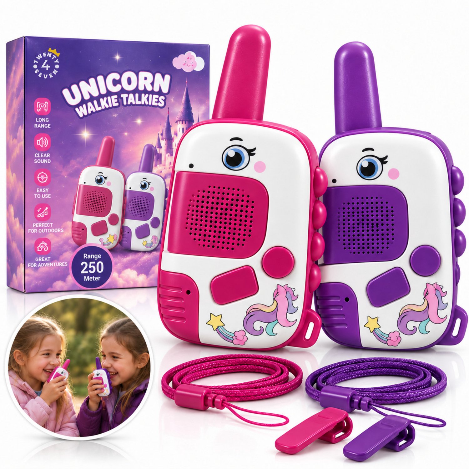 Twenty4seven® Unicorn Walkie Talkie voor Kinderen 2 Stuks - Portofoon Set - Roze Eenhoorn Speelgoed voor Meisjes - Buitenspeelgoed - Sinterklaas & Kerst Cadeau