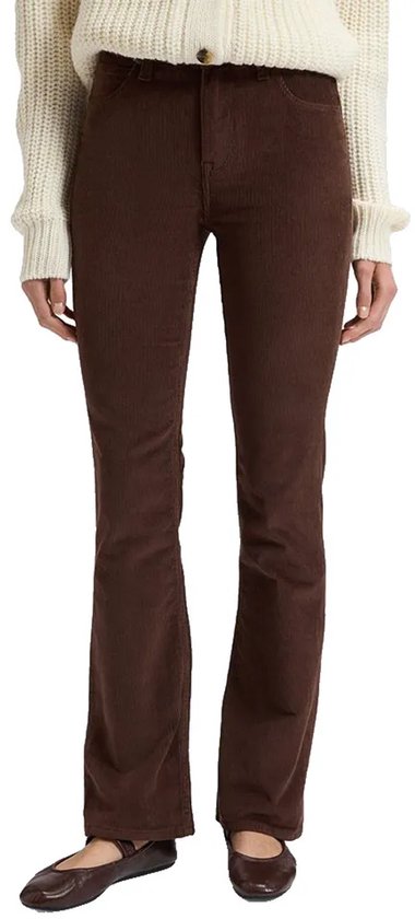 Voorkant van bruine Lee bootcut broek van ribfluweel met hoge taille en knoopsluiting.