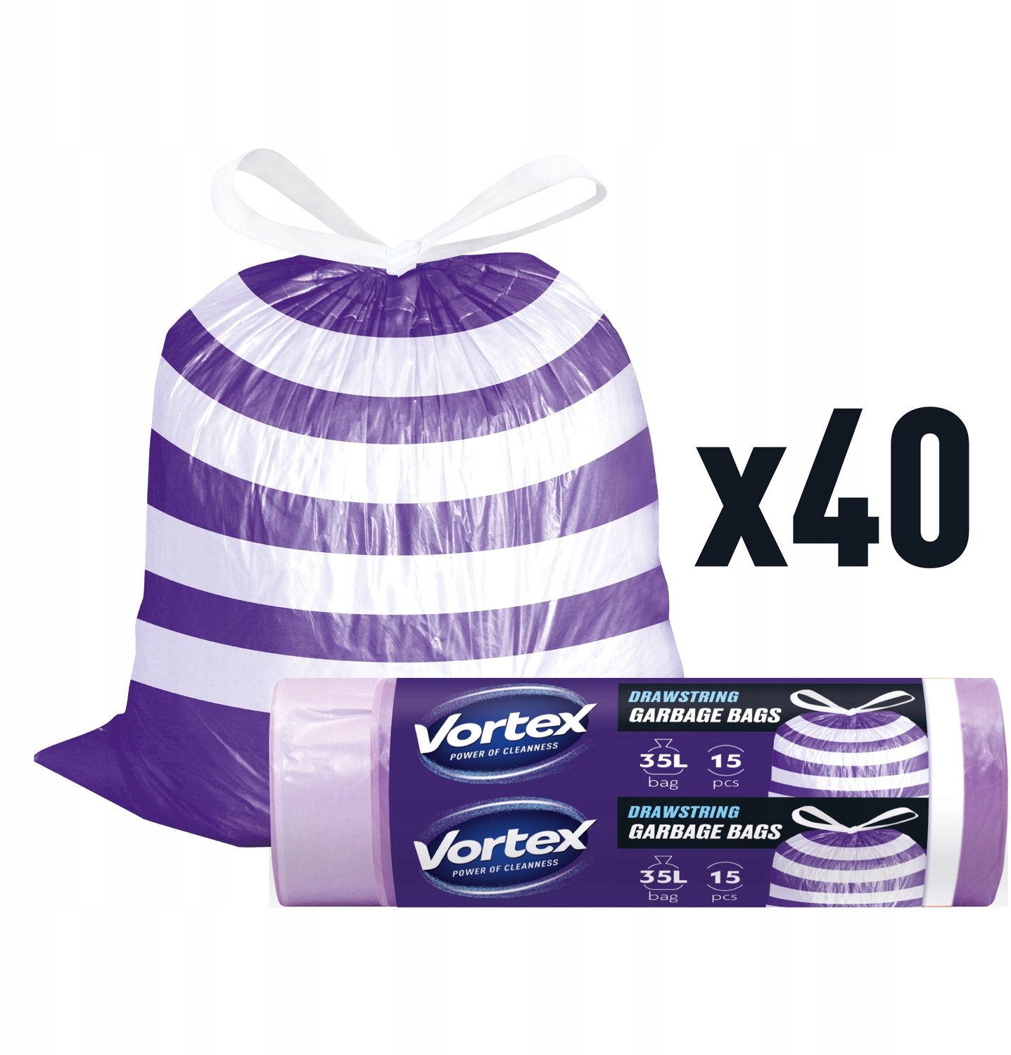 Vortex Vuilniszakken 35L - Sterk, Paars, met Trekband - 600 Stuks