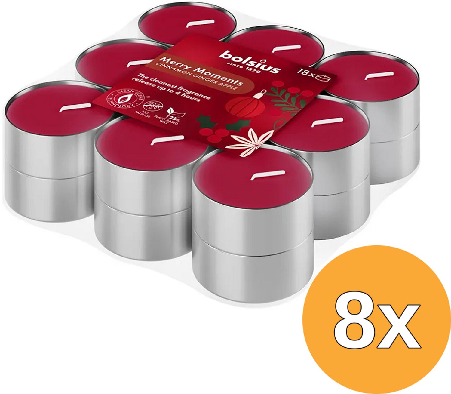 8x Bolsius Geurtheelichten 4u True Glow Merry Moments (18 stuks)
