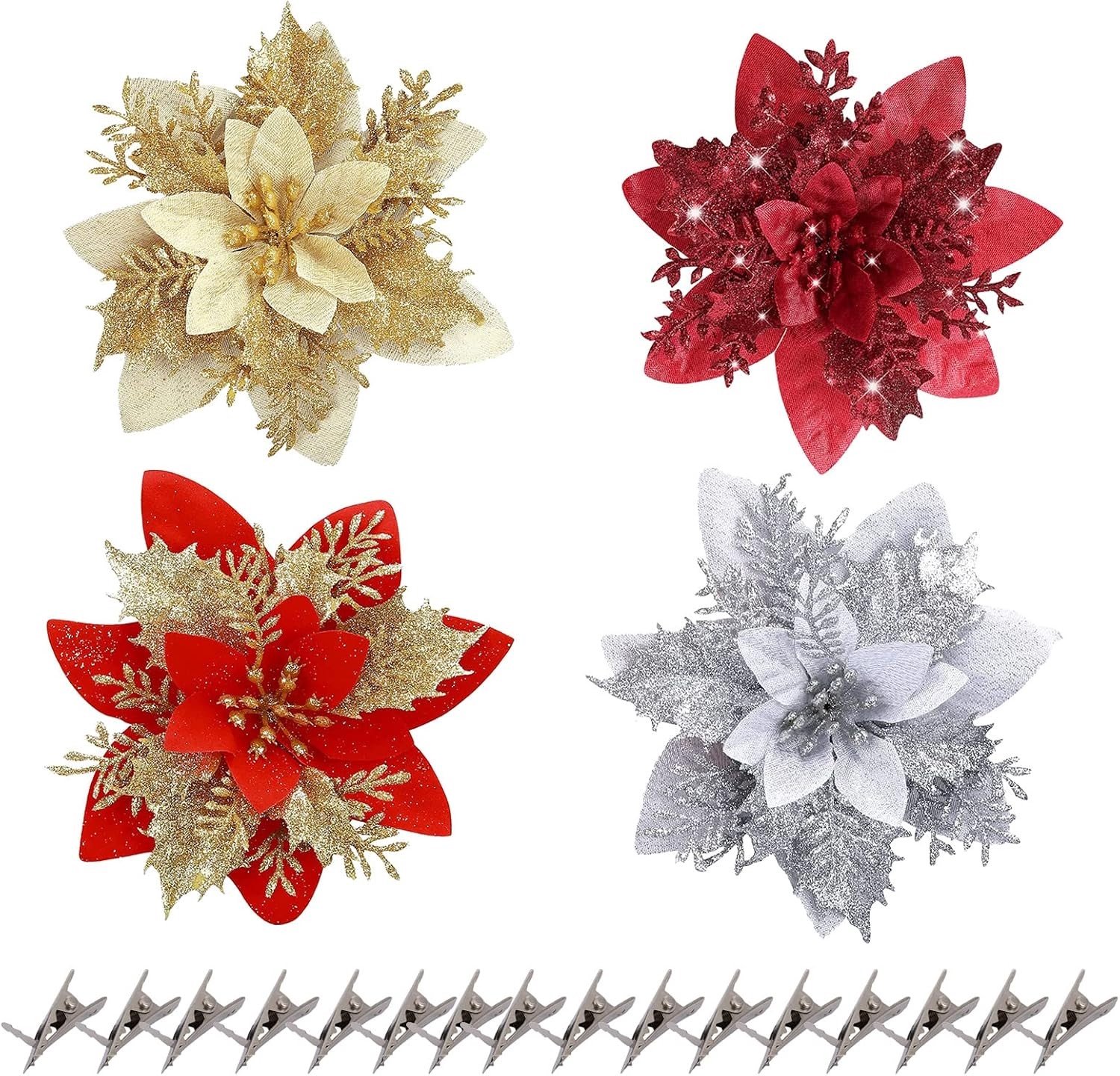 Kerstboombloemen - Rood - 16 Stuks - Glitter Kerstdecoraties met Clips - Voor Kerstmis en Feestdecoratie