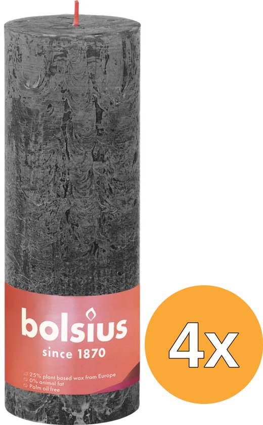 Grijze Bolsius kaars met een ruw oppervlak. 4 stuks. 19cm hoog.