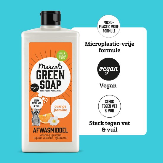 Marcel's Green Soap afwasmiddel sinaasappel & jasmijn. Fles met oranje etiket, een wasbeer, een otter. Tekst "Microplastic-vrije formule".