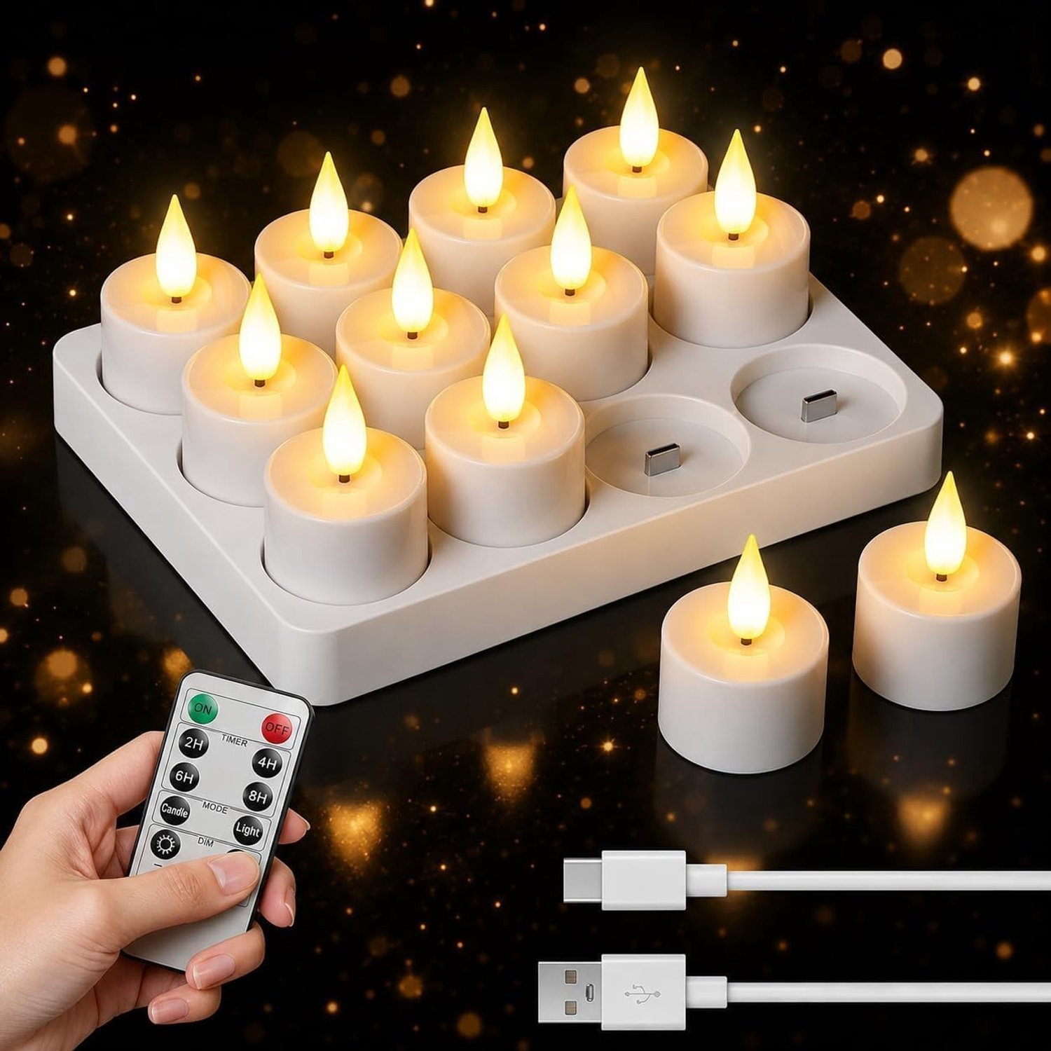 LED-theelichtjes - Wit - 10 x 5 x 20 cm - Oplaadbaar met Flikkerende Vlam en Timerfunctie - Voor Feestdecoratie