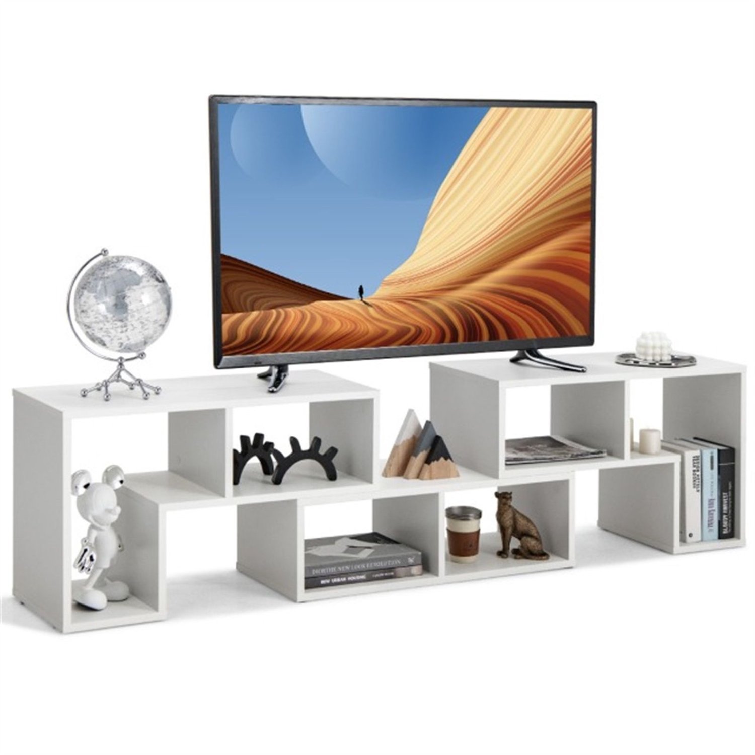 Suredeal TV Meubel - Standaard - Flatscreen Vrije Combinatie - Bijzettafel Vormige Woonkamerbank - Open Kluisjes Kleine - 134x180x30 cm - Wit