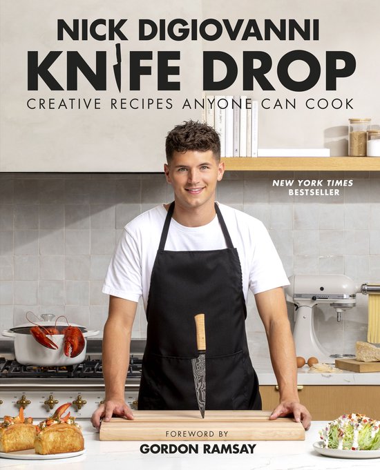 Boekomslag "Knife Drop" met Nick DiGiovanni, "New York Times Bestseller", "Creative Recipes Anyone Can Cook".