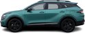 Zijprofiel van een turquoise Kia Sportage met zwarte velgen en dakrails.