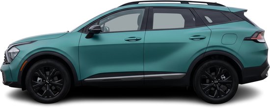 Zijprofiel van een turquoise Kia Sportage met zwarte velgen en dakrails.