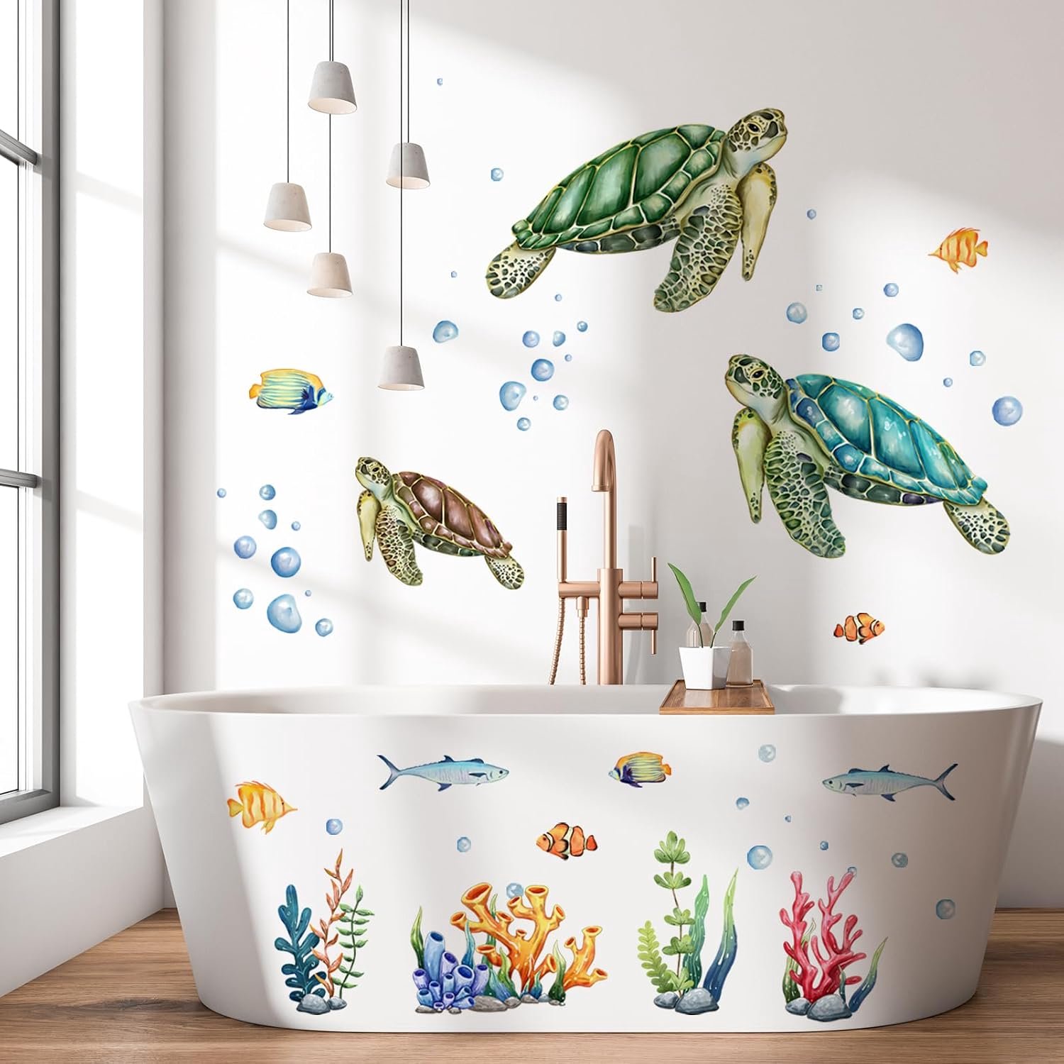 Wanddecoratie muurstickers badkamer - schildpadden in de zee - 90 x 76 cm - fascinerende onderwaterwereld - ShopVlot
