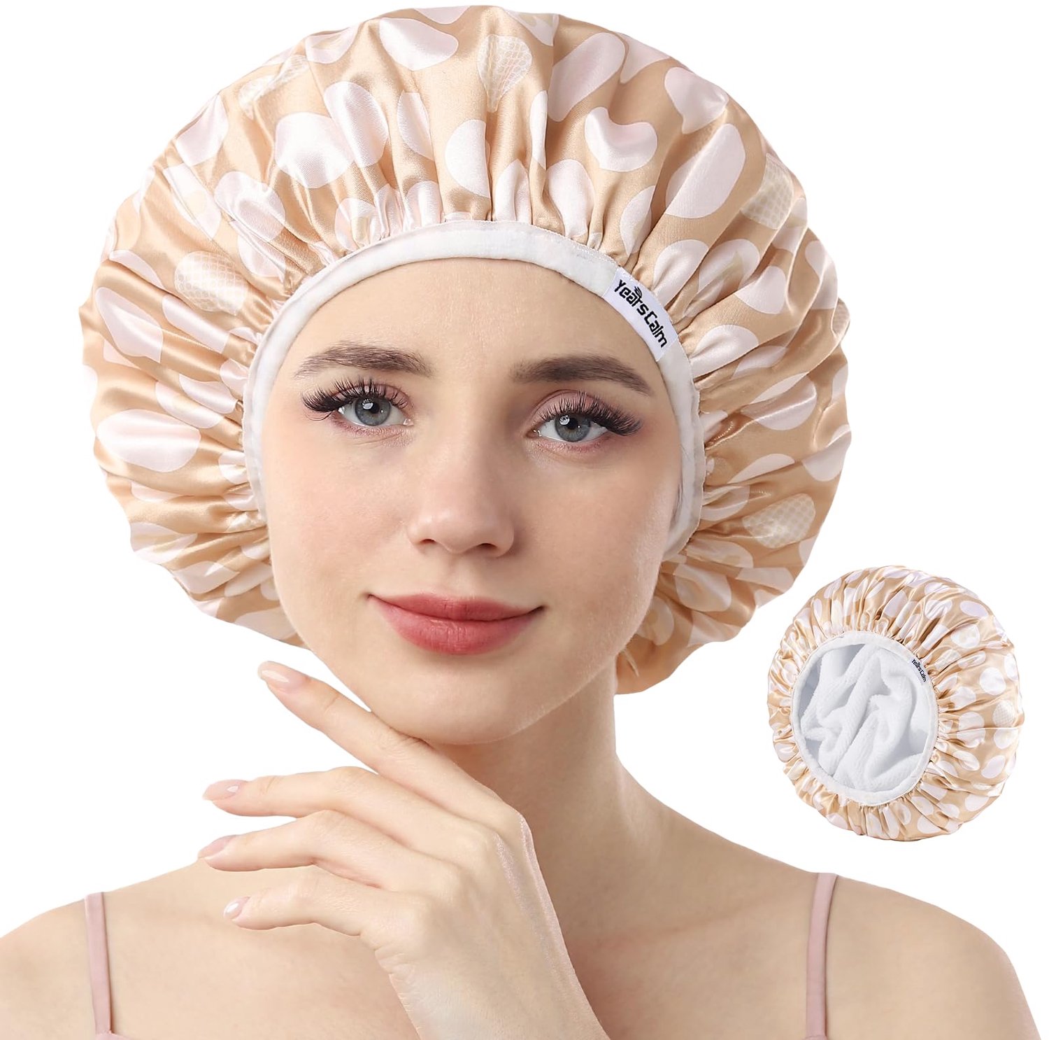 Years calm Badstof gevoerde douchemuts, drielaags hartmotieven, waterdicht herbruikbaar elastisch, haardouchemuts voor vrouwen, badstof douchemutsen v