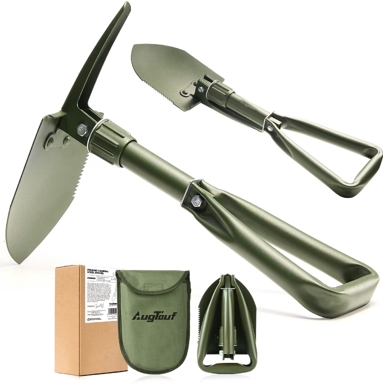 AugTouf 18" Militaire Vouwen Camping Schop, Offroad Survival High Carbon Steel Shovel (Olijf) door toolant