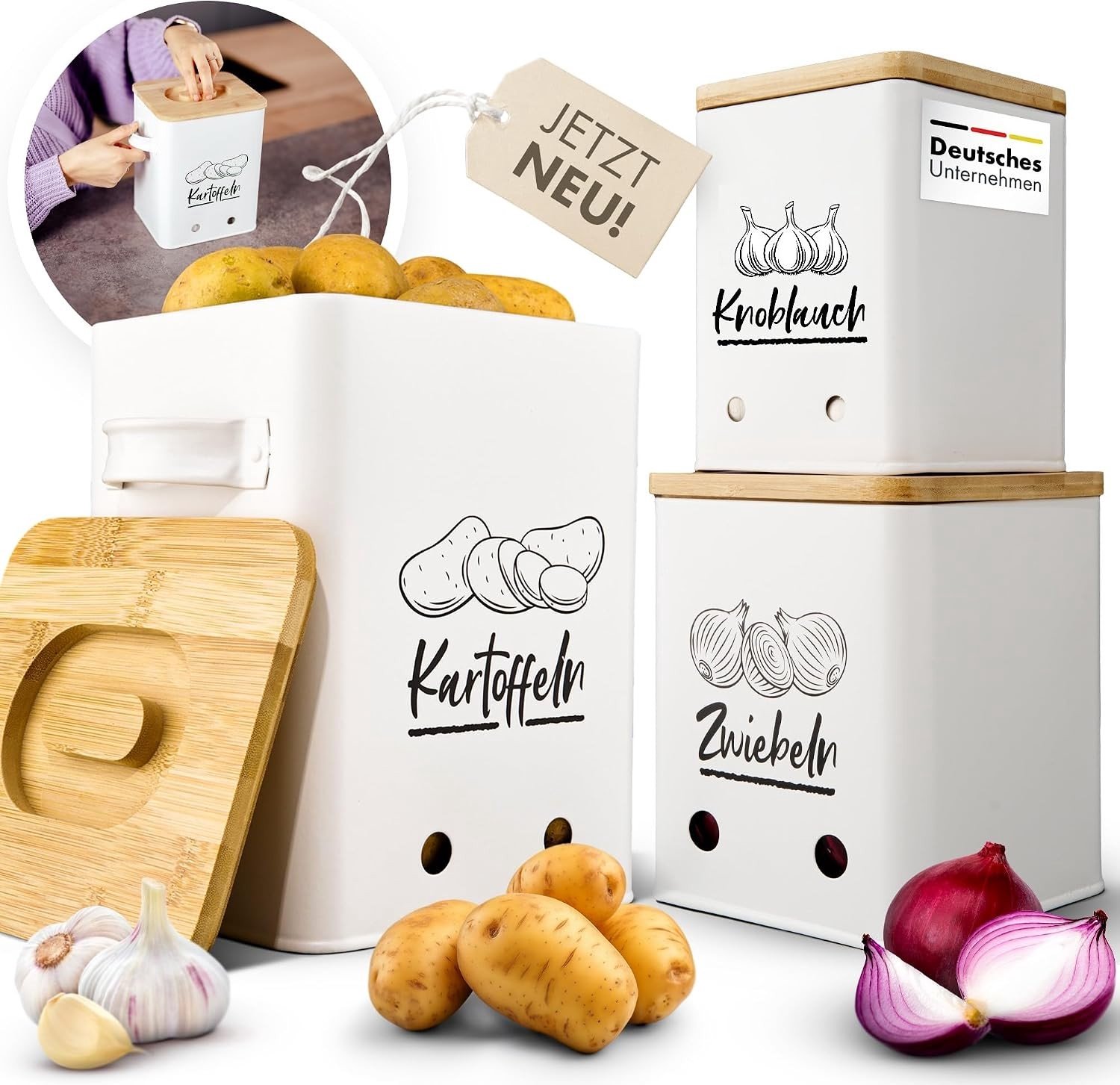Aardappelopbergdoos - Stapelbaar - Set van 3 Keukenvoorraaddozen - Stevige Keukenorganizer