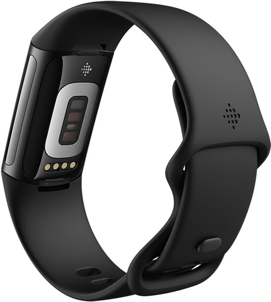 Zwarte Fitbit Charge 6 activity tracker, van achteren gezien, met de oplaadpoorten zichtbaar.
