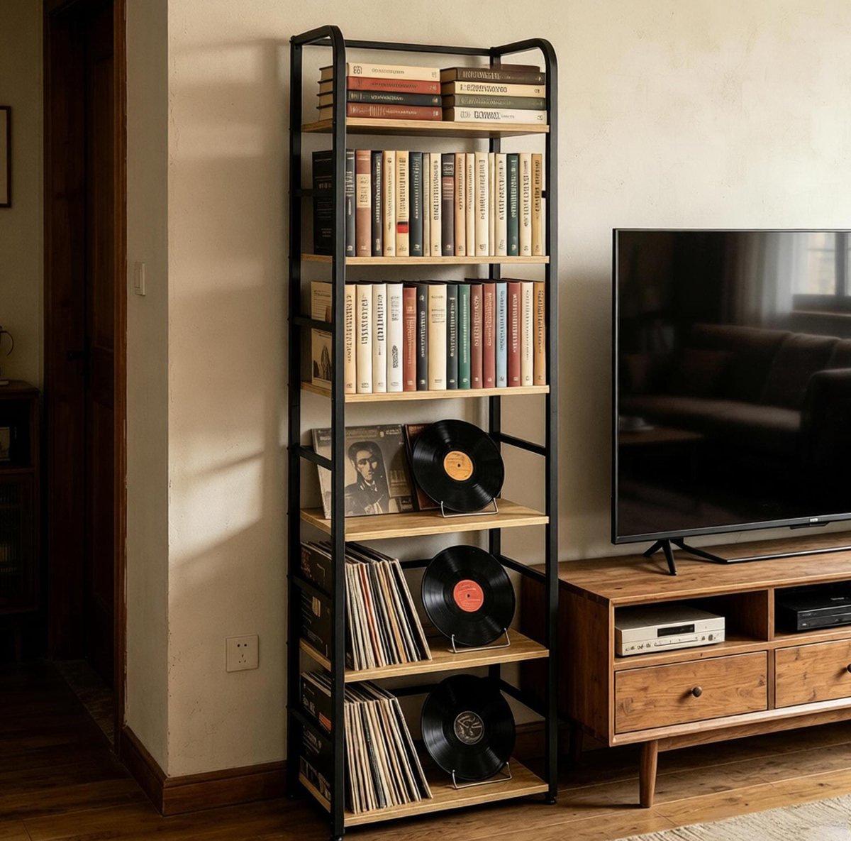 Boekenkast – 6 Lagen, 50 x 30 x 176 cm – MDF en Metaal – Zwart en Licht Eiken – Open Opbergruimte Binnen